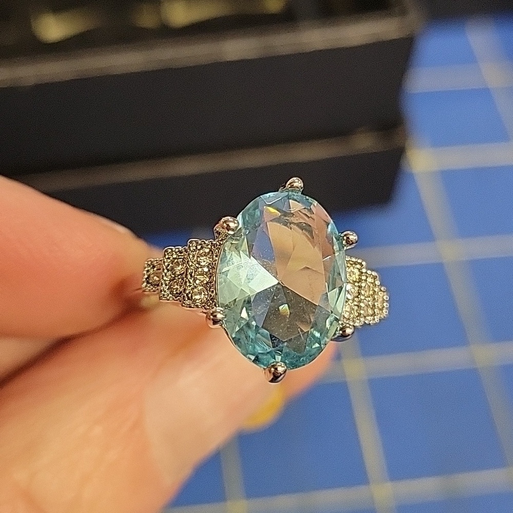 Aquamarine Faux Stone Silver Tone Ring Size 10
